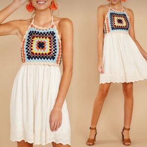 Grandma Crochet Dress Halter Tie Cream Gauze Body Eyelet Trim Small